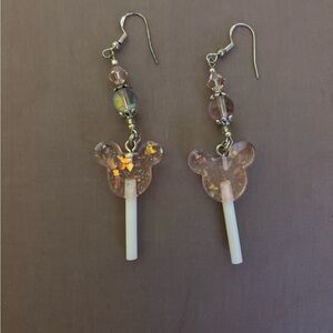 Handmade Mickey Mouse lollipop Shaped Earrings, light pale translucent pale pink